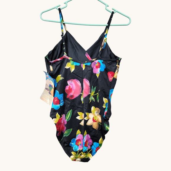 NWT Sun Streak Newport News One Piece Swimsuit 16 Black Floral Wrap Top High - Picture 3 of 10